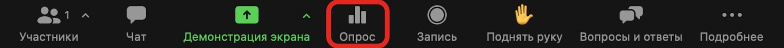 Zoom webinar host control bar with the poll button