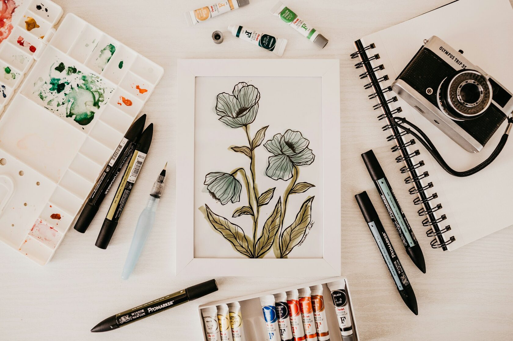Fine liner artwork on textured watercolor paper