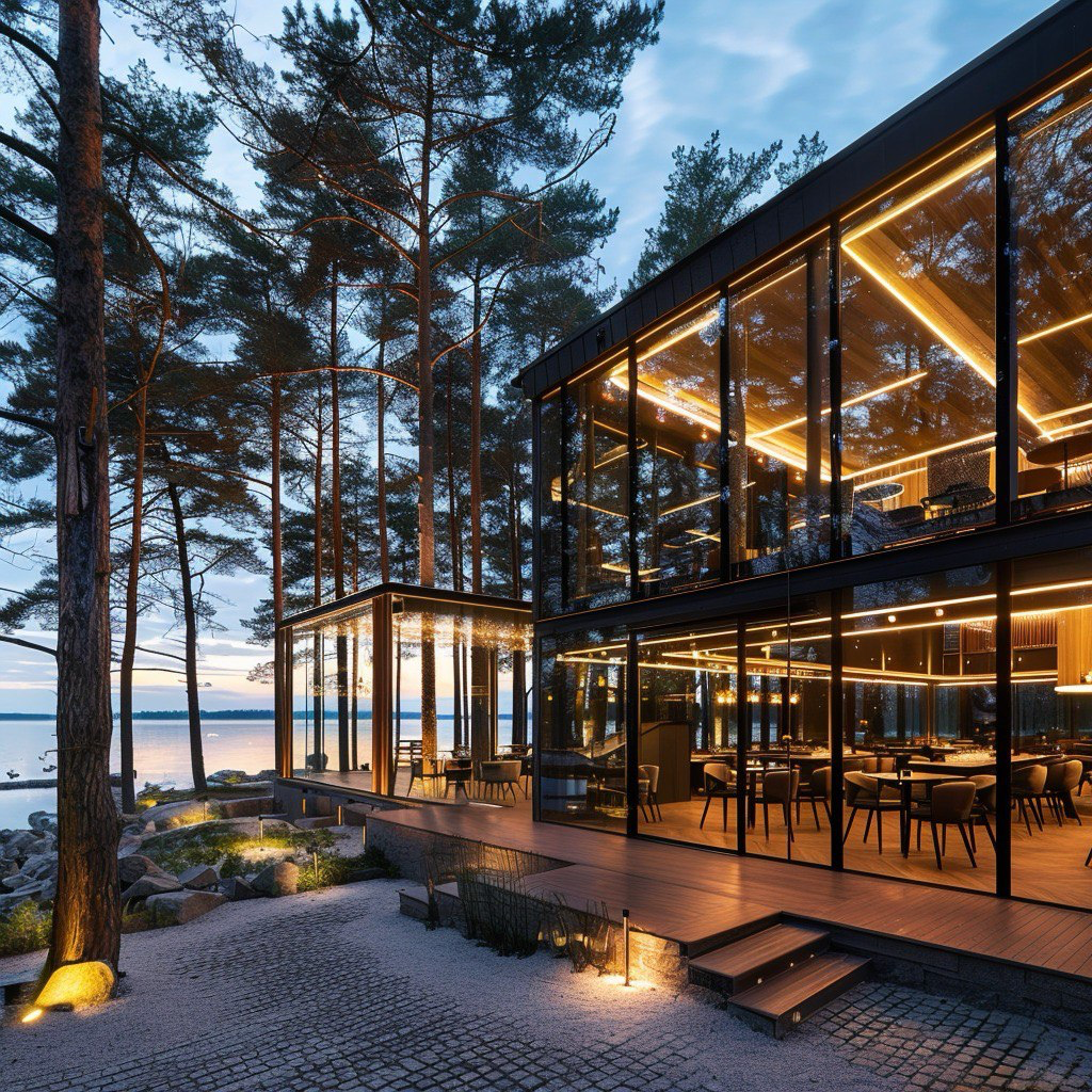 большой дом с террассой у воды