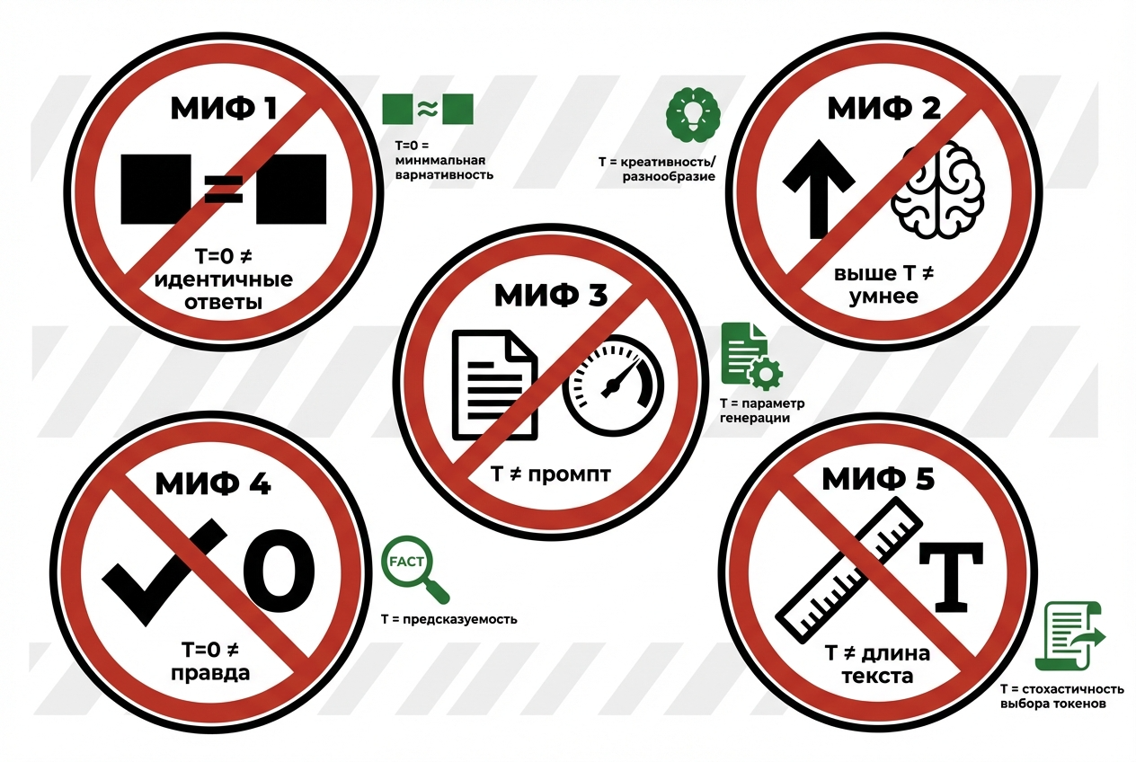 Инфографика «Топ-5 мифов о температуре в ChatGPT»: визуализация пяти распространённых заблуждений о параметре temperature в языковых моделях, каждый миф перечёркнут и противопоставлен реальности — T=0 не гарантирует идентичные ответы, высокая температура не делает ответ умнее, температура не заменяет качественный промпт, низкая T не гарантирует правильность и не управляет длиной текста