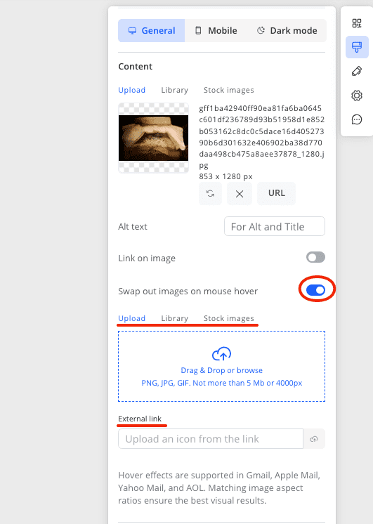 Turn on hover effect and select an image