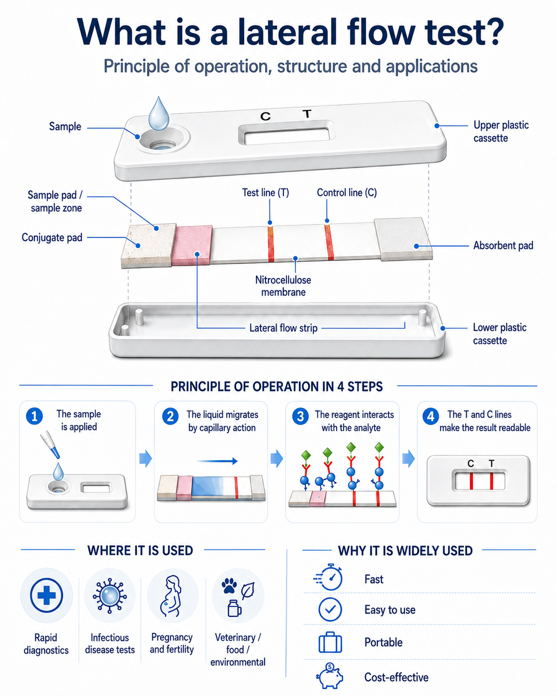 Titolo: Exploded view of a Lateral Flow cassette: sample pad, conjugate pad, membrane, backing card, absorbent pad - Descrizione: Exploded view of a Lateral Flow cassette: sample pad, conjugate pad, membrane, backing card, absorbent pad