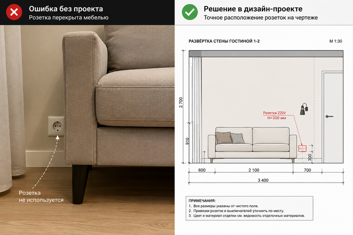 Ошибка ремонта без дизайн-проекта: розетка перекрыта диваном. Сравнение с чертежом, где расположение мебели и розеток заранее спроектировано
