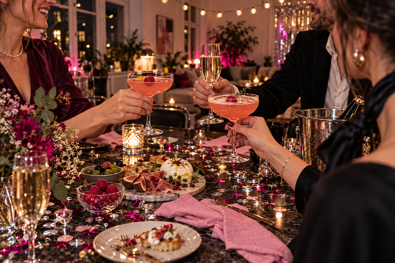 Freunde stoßen beim gemeinsamen Spieleabend mit Cocktails und Prosecco an