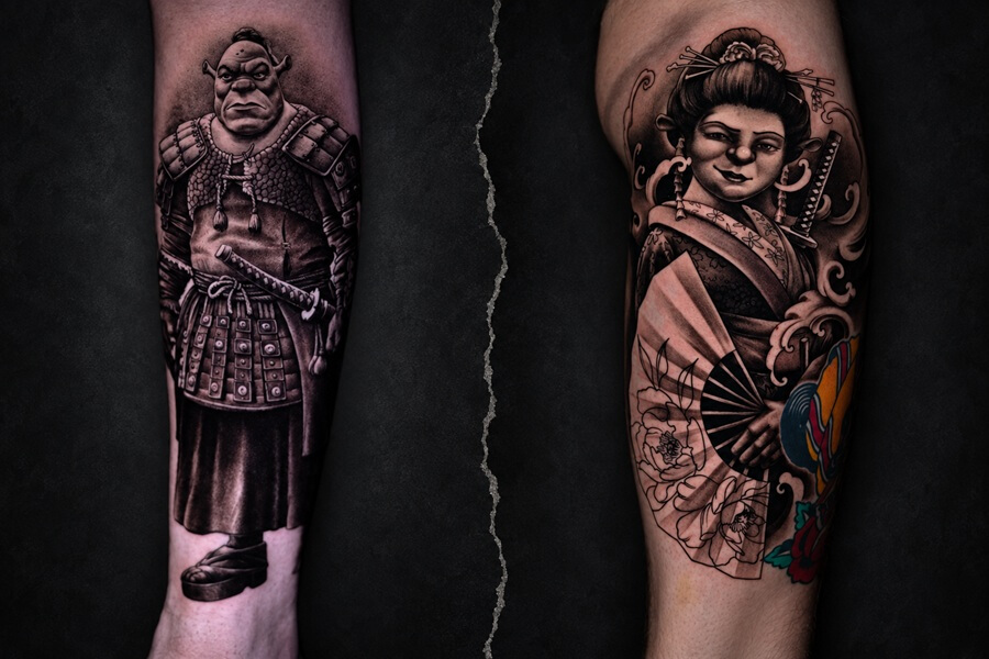 blog, Samurai Shrek and geisha Fiona black and gray tattoos by Rinat Tattarin shown in a collage, 516