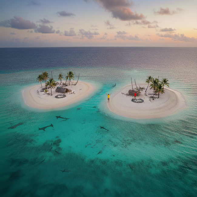 Islands close together with sharks in the water and people standing on each island