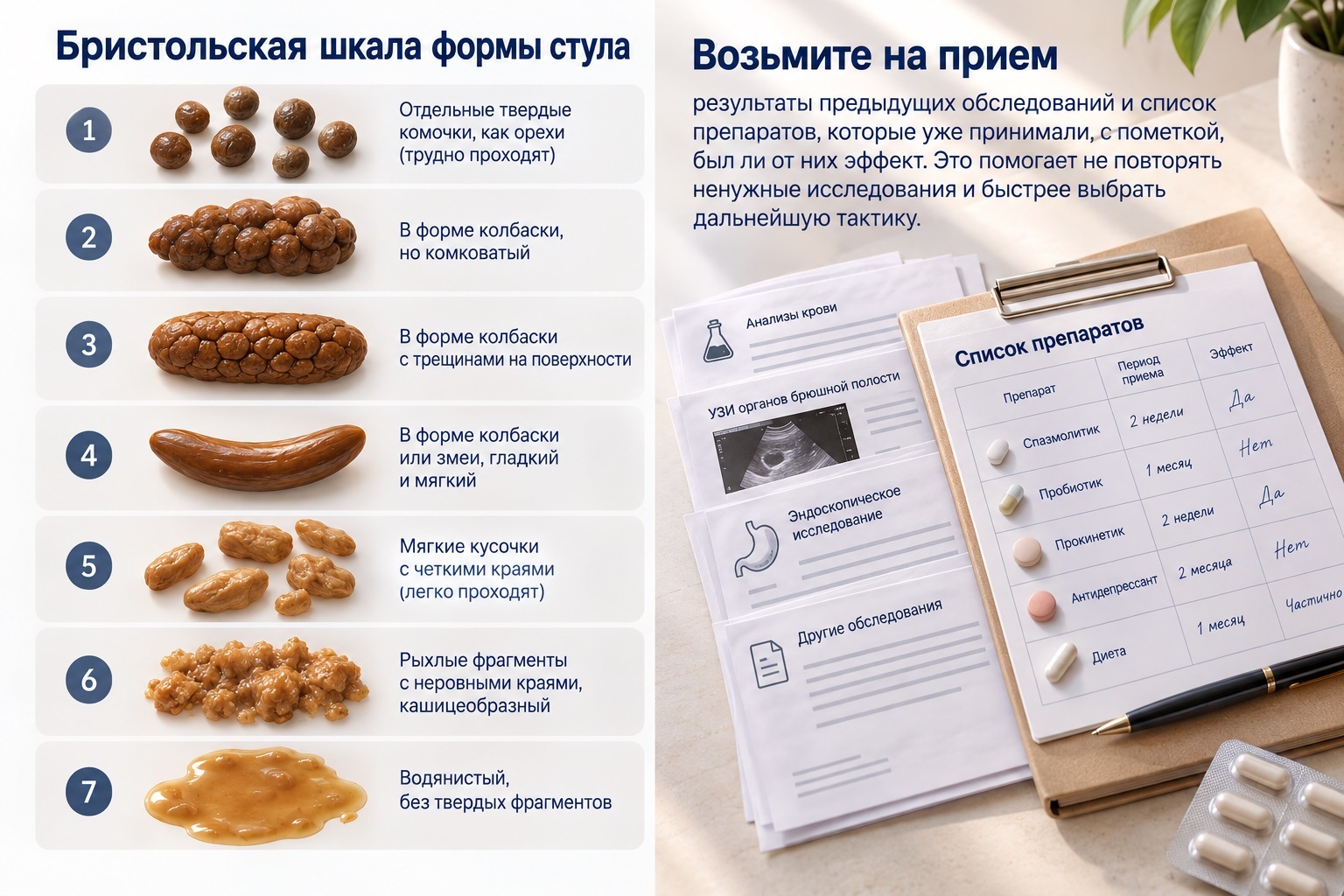 Бристольская шкала формы стула и список того, что взять на прием