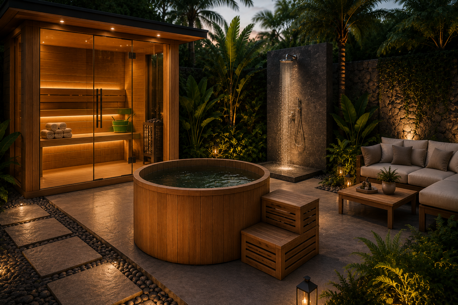 Luxury villa wellness area with sauna, cold plunge, outdoor shower and relaxation space.