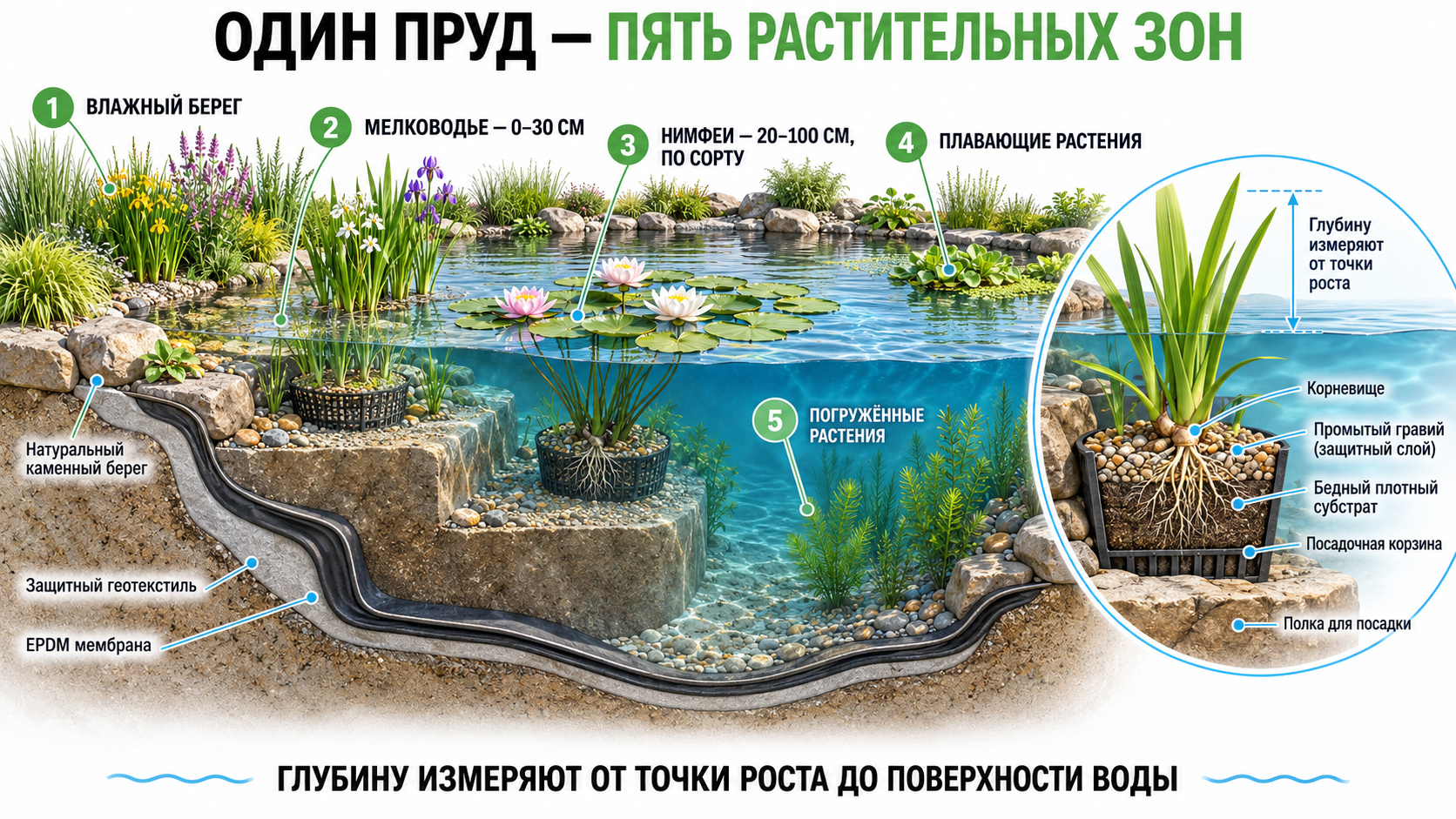 Разрез декоративного пруда с пятью зонами посадки водных растений и указанием глубины