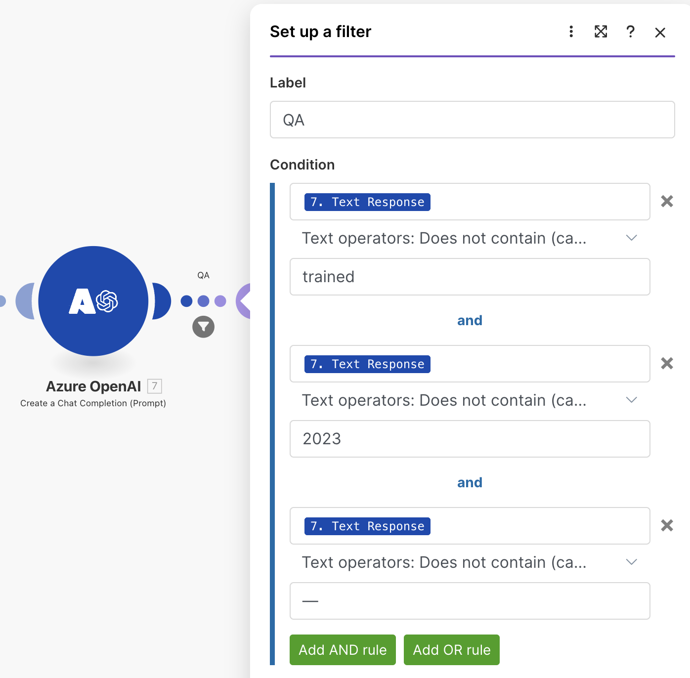 Example of a workflow guardrail for AI in make.com: setting up a filter