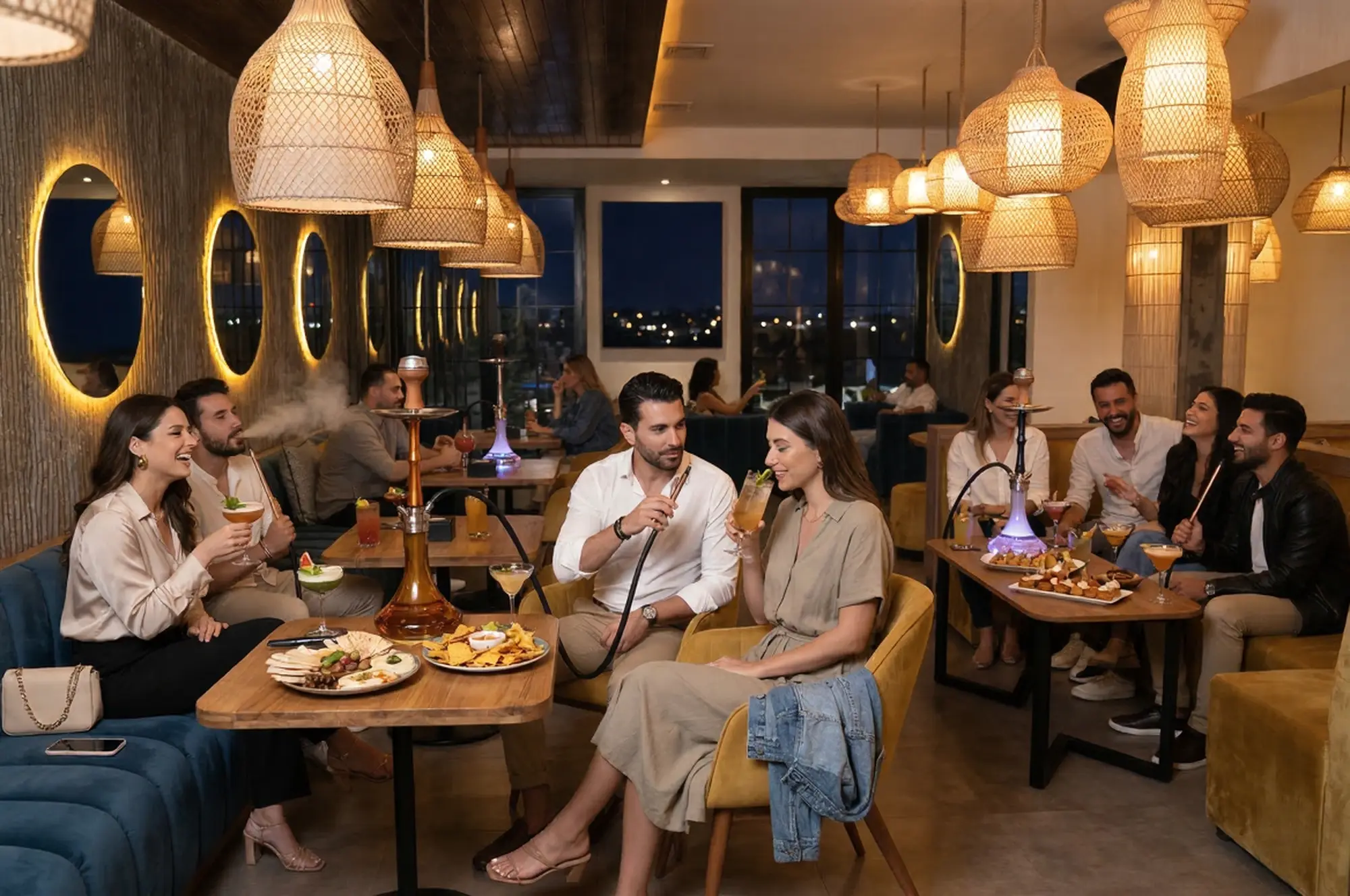A couple enjoying premium shisha and cocktails in the warm, elegant lounge of Eden Hookah Club Uluwatu, standing out among the best bars in Bali for a relaxed late-night unwind.