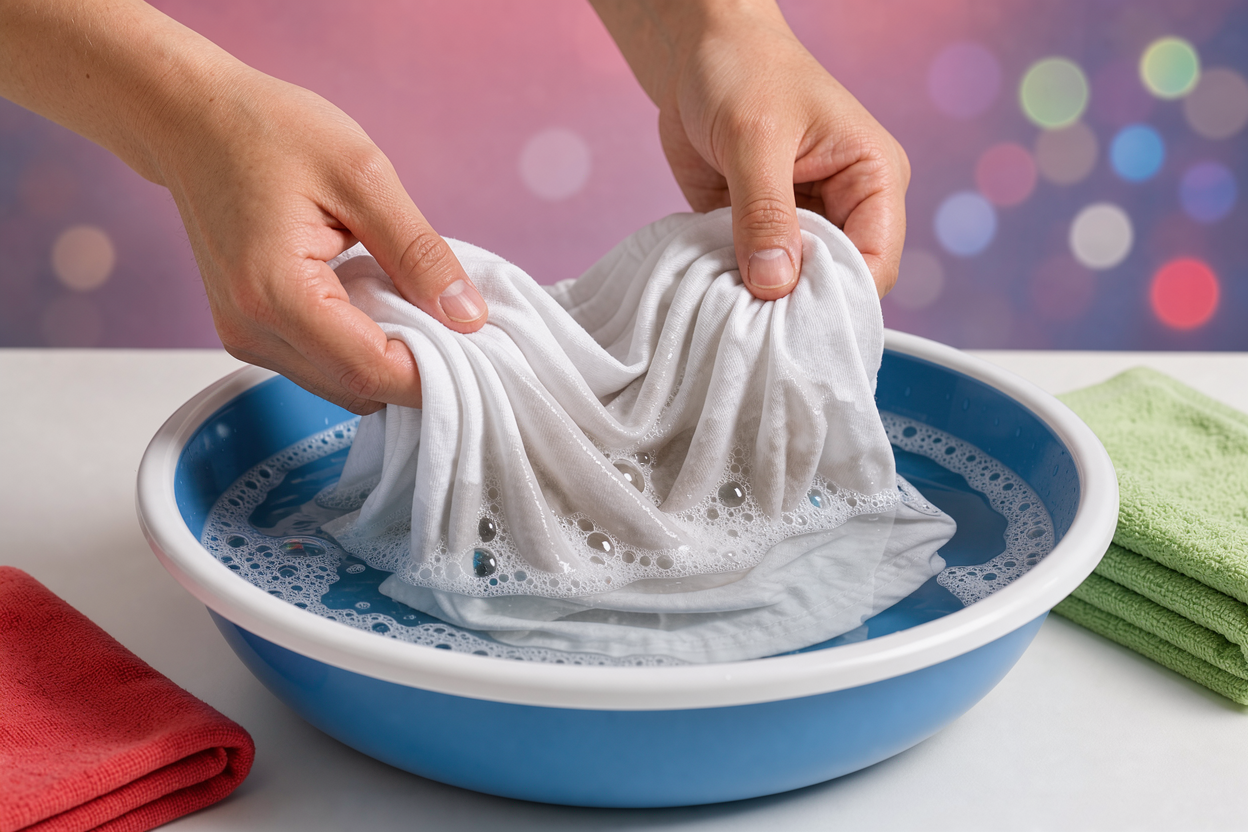 close-up of hands gently dipping a cotton shirt into a basin with warm water, visible soft suds and fabric texture, no brand labels