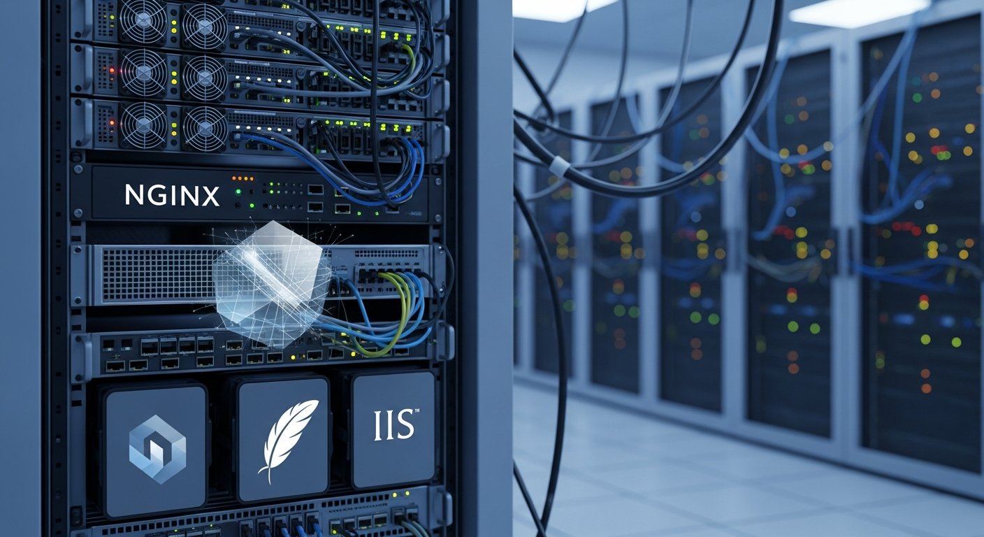 Серверная комната с оборудованием Nginx, Apache и IIS, символизирующая различные веб-серверы и их конфигурацию.