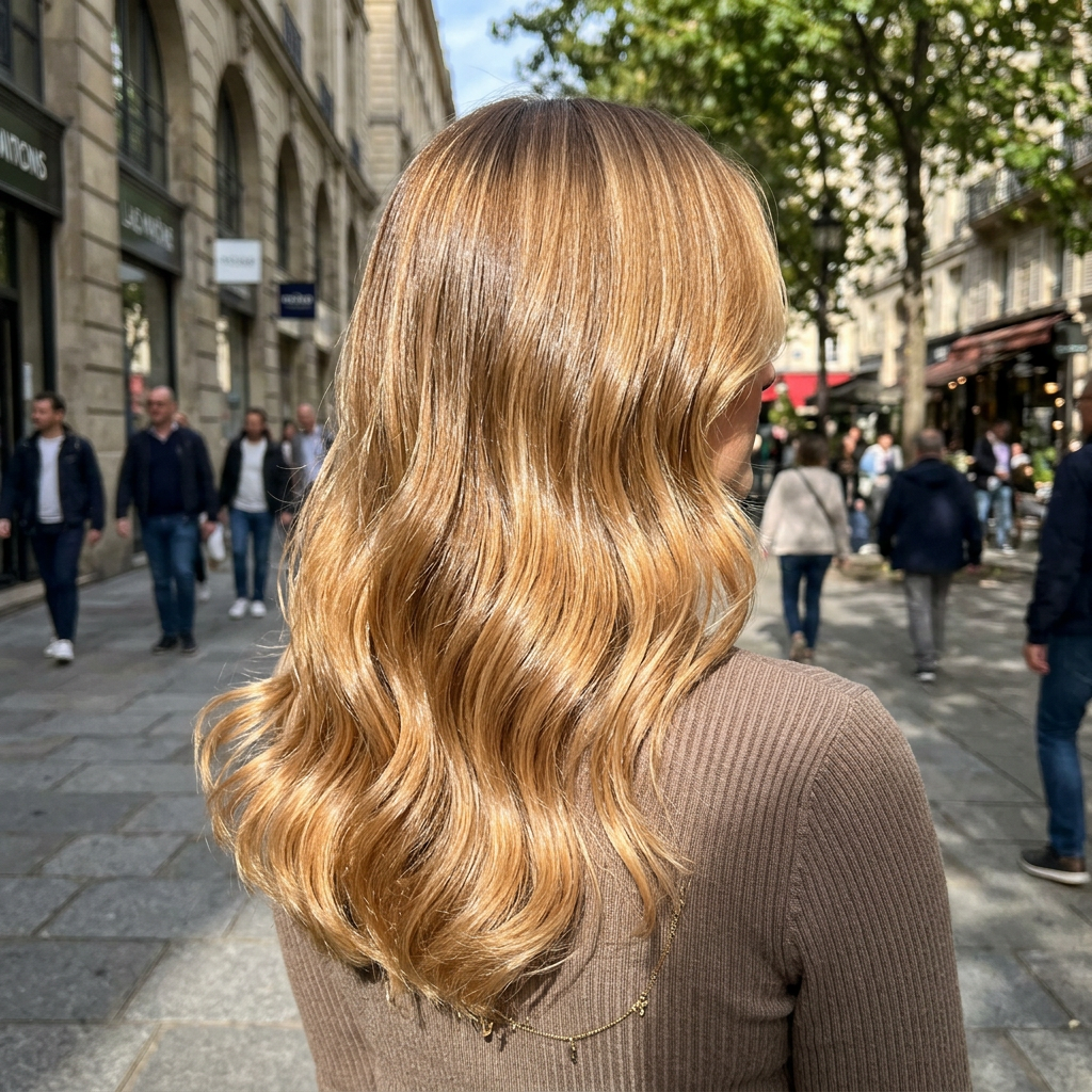 Карамельный блонд на волнистых волосах летом при солнечном свете  