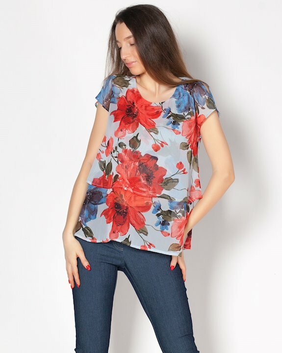 Дамска блуза от шифон на цветя с къс ръкав, подходяща за лятото