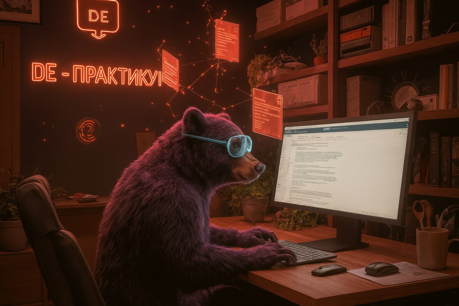 Медведь за рабочим столом с пайплайном Data Engineering