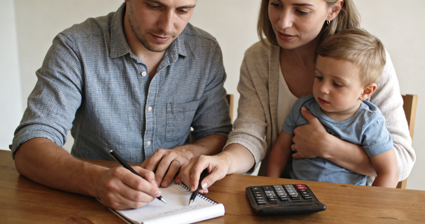 A couple holding their child are calculating the child support payments. 