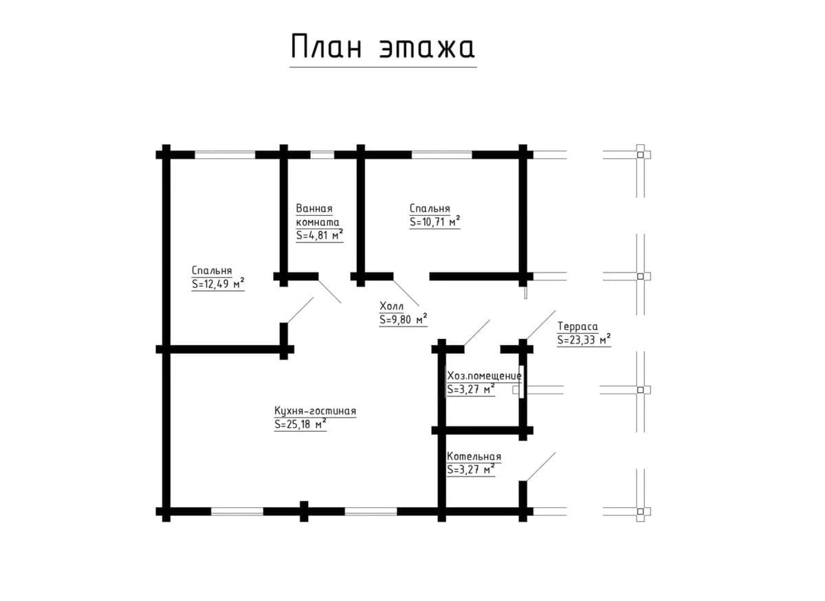 Планировка одноэтажного дома из бруса с террасой две спальни