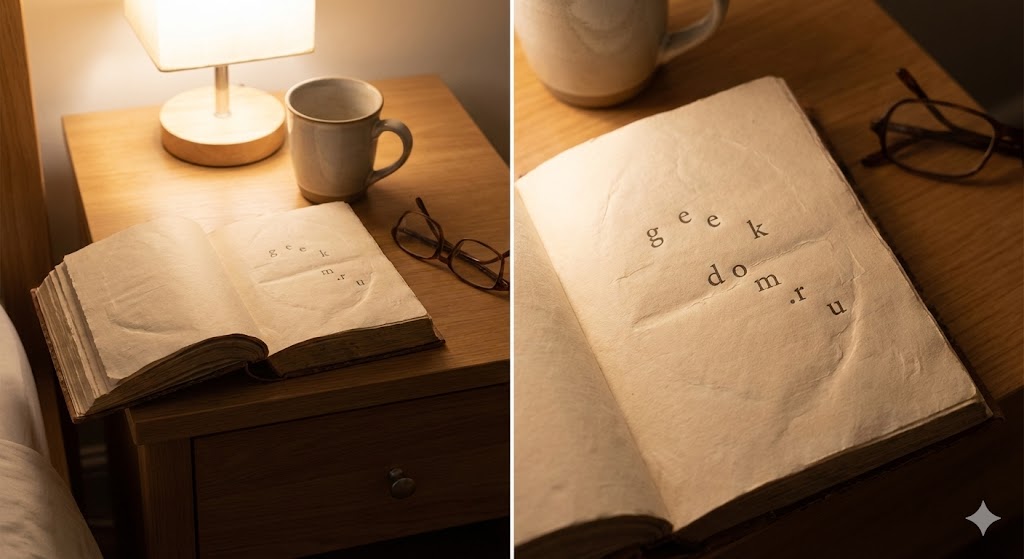 Открытая бумажная книга на тумбочке атмосфера расслабления.