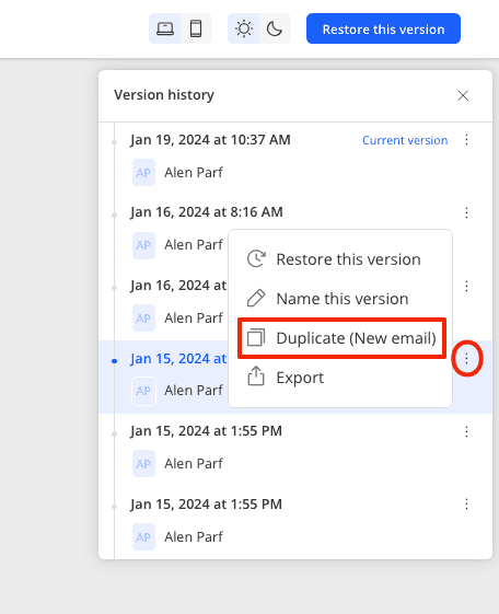 Duplicate the version of email as a new email