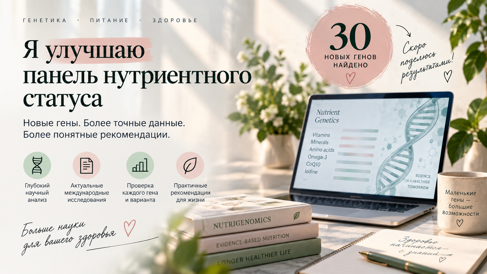Научное обновление генетической панели «Нутриентный статус»: исследование новых генов и генетических вариантов, связанных с обменом витаминов и минералов.