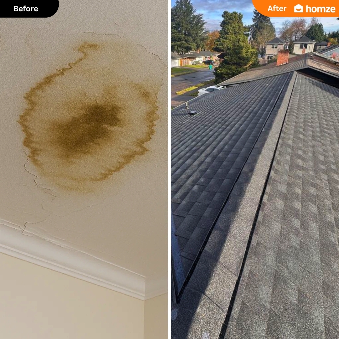 Before and after: water-stained ceiling from roof damage and newly installed asphalt shingle roof by Homze
