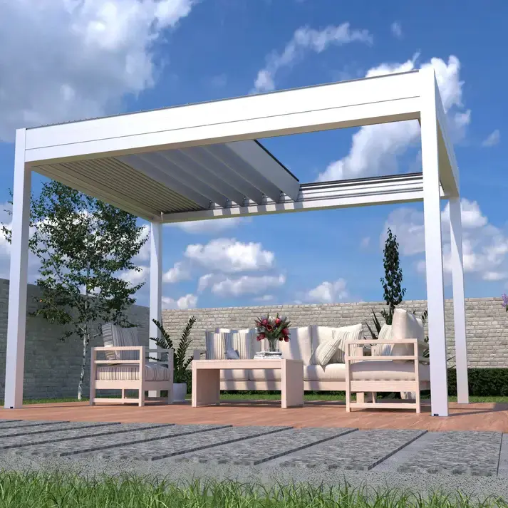 White retractable pergola with a partially open roof above an outdoor seating area
