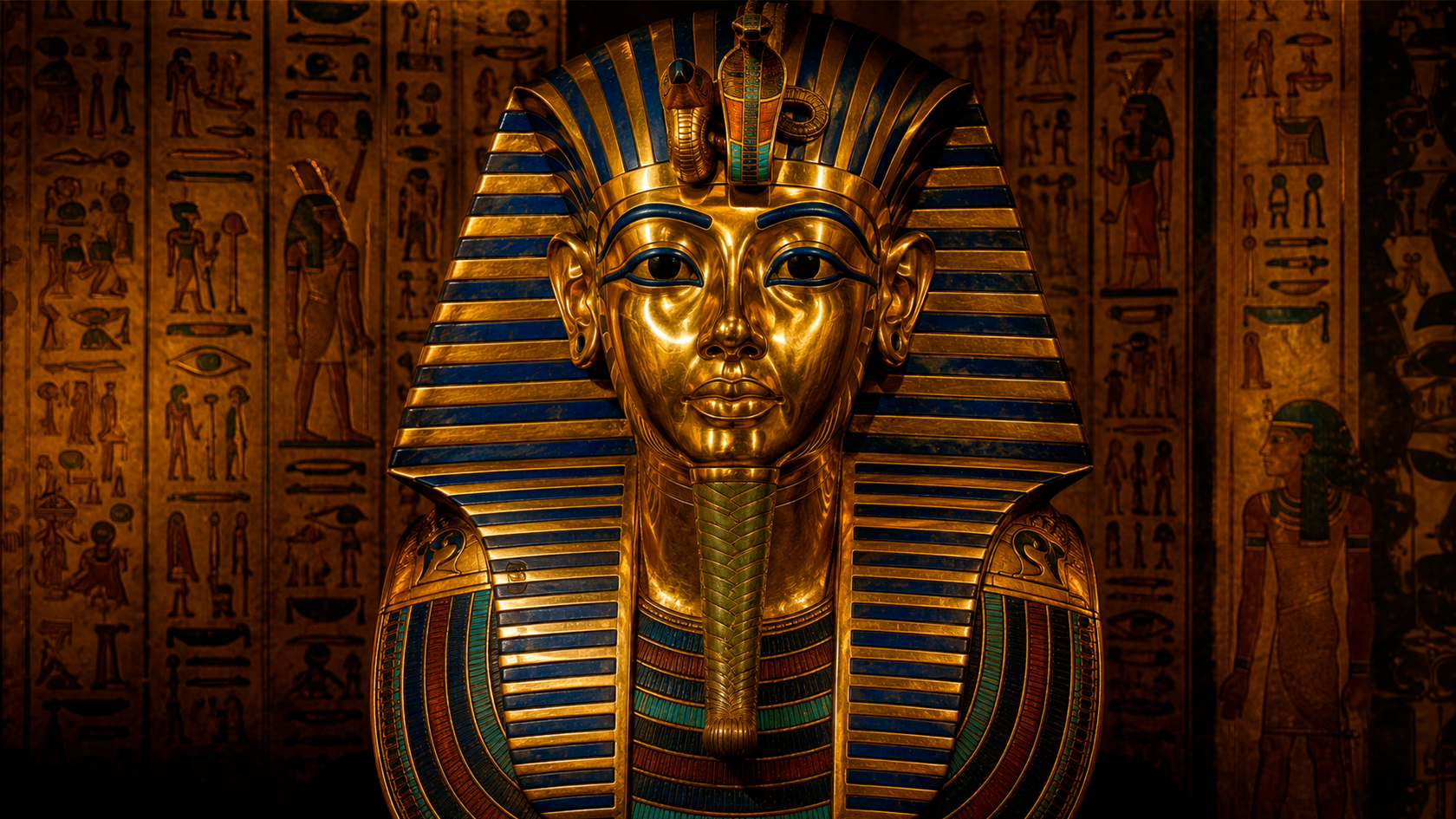 Gold funeral mask of Tutankhamun — lapis lazuli, obsidian eyes, symbol of eternal passage