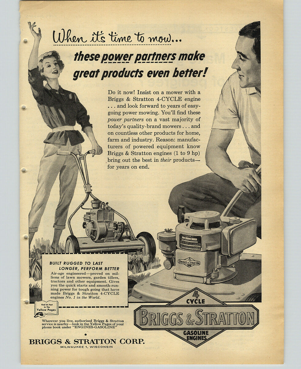 Реклама газонокосилки Briggs & Stratton с алюминиевым двигателем, 1953 год