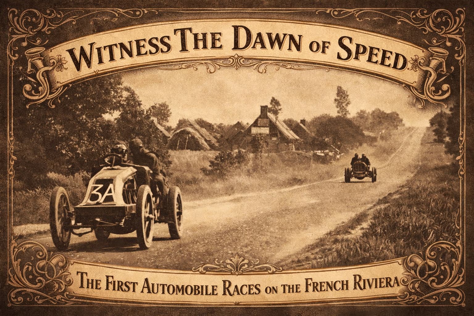 Vintage automobile race on a rural road, early motor racing history on the French Riviera