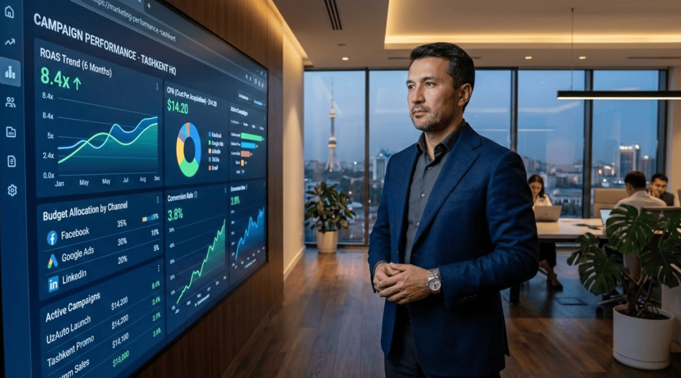 A CMO reviews real-time campaign performance data on an analytics dashboard, comparing CPA and ROAS metrics from autonomous AI-powered campaign optimization.