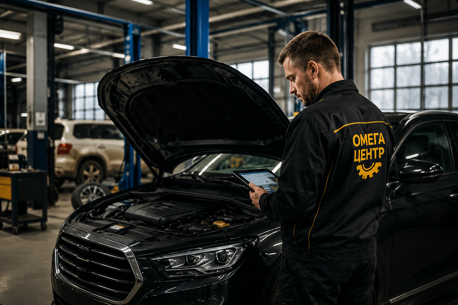 Мастер автосервиса Омега Центр проводит диагностику автомобиля