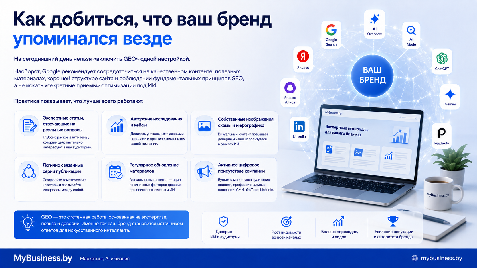 Основные принципы GEO: экспертный контент, авторские исследования, собственные изображения, серии публикаций, регулярное обновление материалов и активное цифровое присутствие бренда.