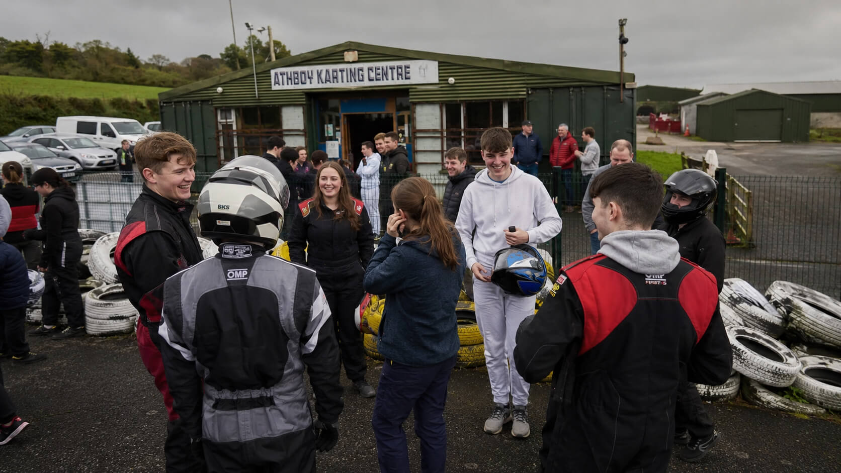 Birthday group outside Athboy Karting Centre before an outdoor go karting session in Co. Meath