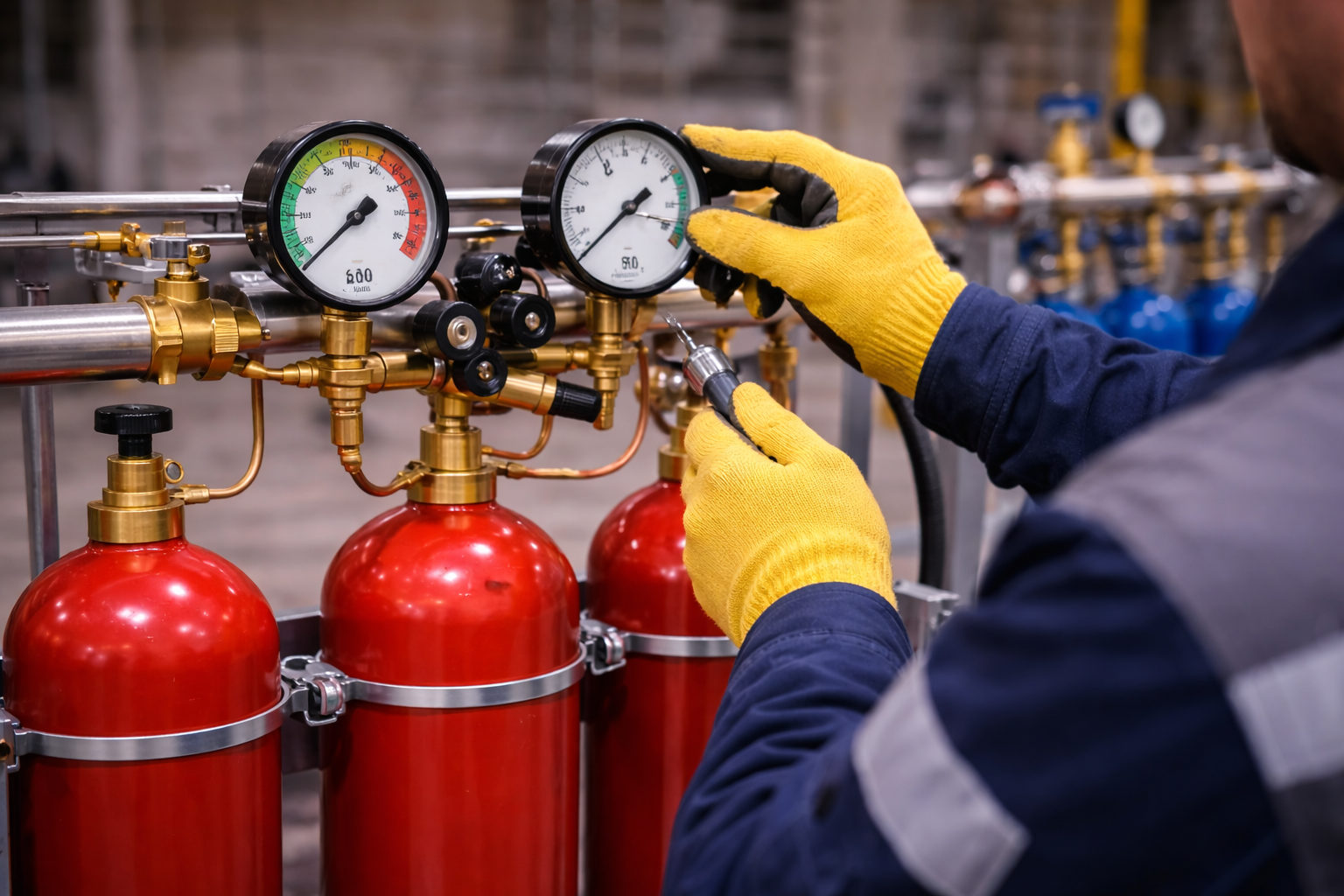 Специалист в защитных перчатках настраивает давление на газовой рампе с красными баллонами, регулируя редуктор и контролируя показания манометров в промышленном помещении.