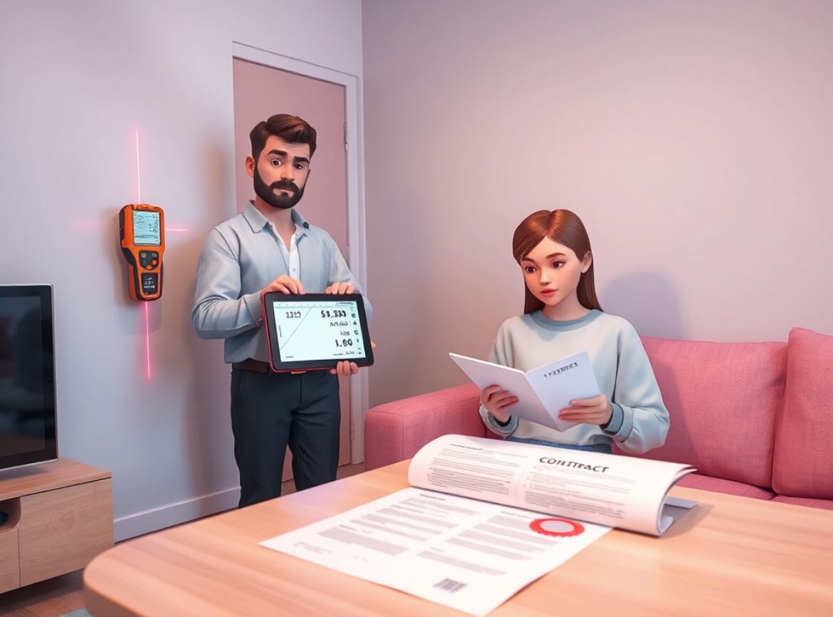In a cozy apartment, the architect with a tape measure and a tablet is measuring the area, noticing a discrepancy with the data in the contract. Next to him, the buyer realizes the overpayment, and on the table, legal documents with a stamp are visible, s