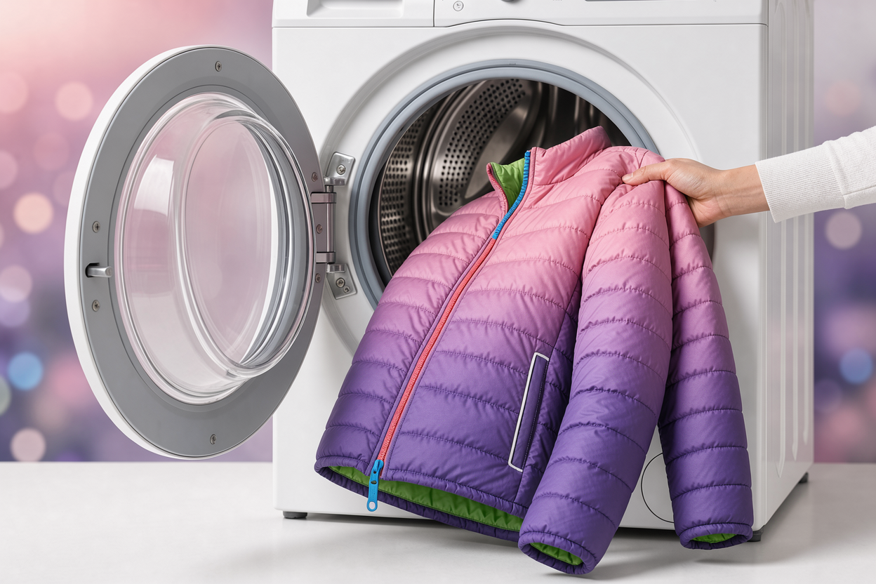 Front-loading washing machine drum open with a single winter jacket being placed inside, close-up on fabric texture, no brand logos