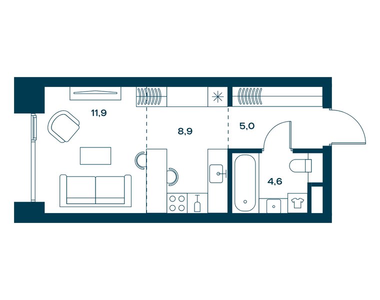 Планировка студии 30,4 м² в ЖК Soul: корпус 4, секция 2, 16-й этаж