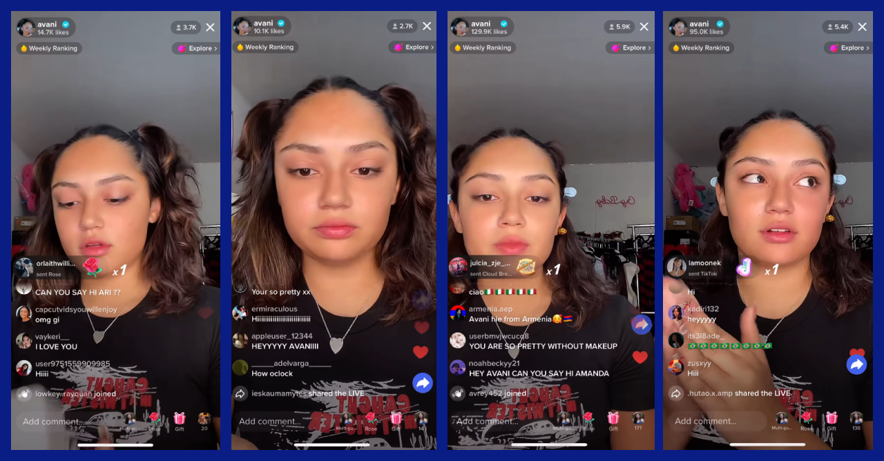 The screenshts show moments from live streams of Avani Gregg, a famous TikTok creator and influencer. She know how to keep audience engaged during her live streams and how to motivate people to send her Gifts.