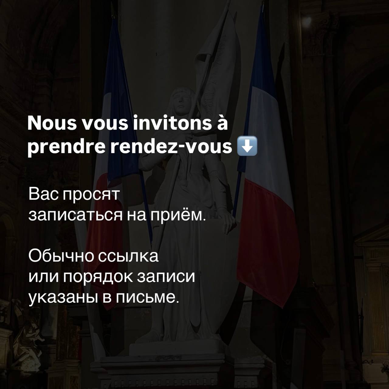 Статуя и флаги Франции — приглашение на запись Nous vous invitons à prendre rendez-vous от префектуры.