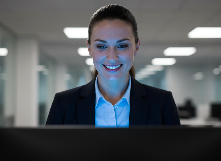 Woman looking at a computer screen and smiling