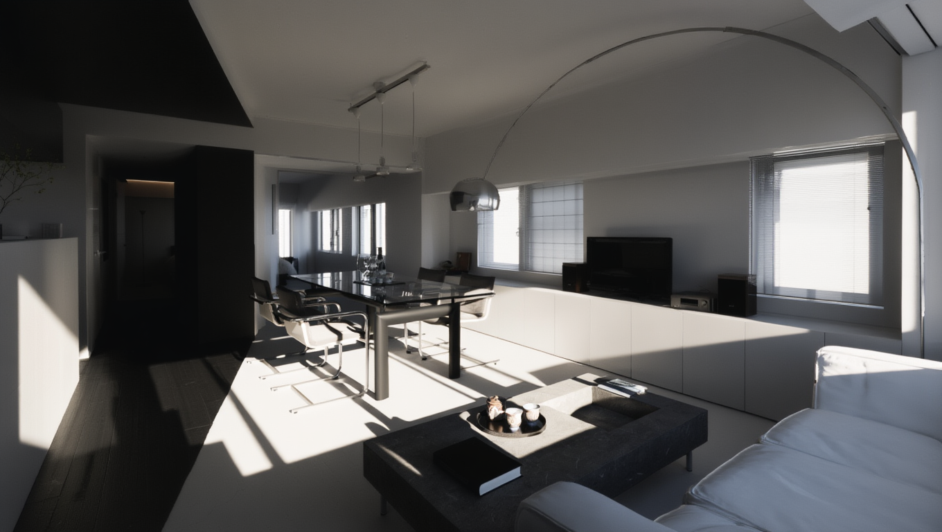 Высококонтрастная, минималистичная фотография интерьера, изображающая открытое пространство гостиной и столовой. В комнате белые стены, полы и шкафы контрастируют с черным обеденным столом и темным каменным журнальным столиком. Яркий солнечный свет льется