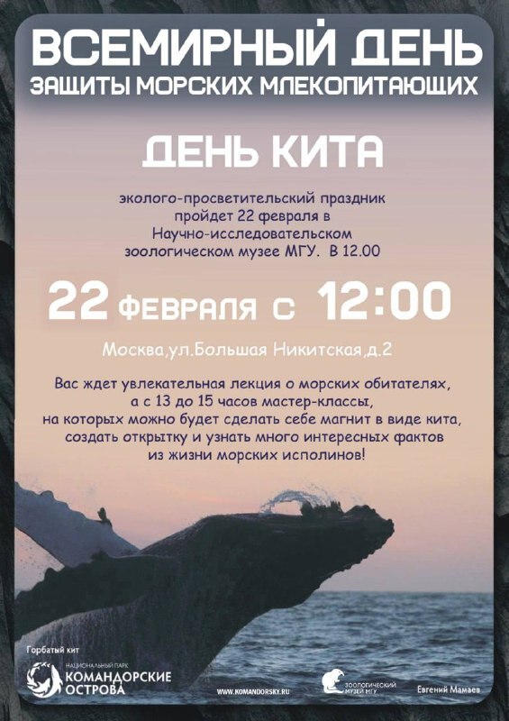 <br />22 февраля 12:00 - 15:00<br />День кита<br /><br /><strong style="font-size: 20px; font-family: var(--t-text-font,Arial);">12:00 Лекция </strong><br /><span style="font-size: 20px; font-weight: 400; font-family: var(--t-text-font,Arial);">Михаил Вакуров «Морские млекопитающие национального парка «Командорские острова»</span><br /><span style="font-size: 20px; font-weight: 400; font-family: var(--t-text-font,Arial);">Вас ждет увлекательная лекция о морских млекопитающих, на которой вы узнаете о зубатых и усатых, настоящих и ушастых, </span><br /><span style="font-size: 20px; font-weight: 400; font-family: var(--t-text-font,Arial);">сможете потрогать настоящие китовые усы</span><br /><span style="font-size: 20px; font-weight: 400; font-family: var(--t-text-font,Arial);">и зуб кашалота, шкурки тюленей и калана</span><br /><br /><strong style="font-size: 20px; font-family: var(--t-text-font,Arial);">с 13:00 до 15:00 мастер-классы</strong><br /><span style="font-size: 20px; font-weight: 400; font-family: var(--t-text-font,Arial);">Приглашаем всех желающих на интересные мастер-классы: мы будем делать магниты в виде китообразных, создавать открытки в виде морских обитателей. Ждем вас на познавательном празднике!</span><br /><span style="font-size: 20px; font-weight: 400; font-family: var(--t-text-font,Arial);">Участие в мероприятии по входному билету</span><br /><br /><span style="font-size: 20px; font-family: var(--t-text-font,Arial);">Участие в мероприятии </span><br /><span style="font-size: 20px; font-family: var(--t-text-font,Arial);">по входному билету в музей</span>