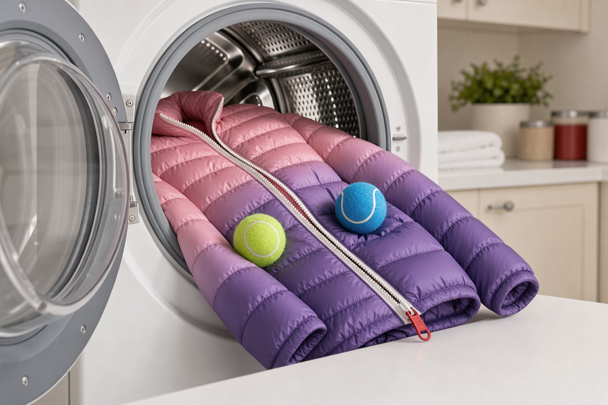 Front-loading washing machine with a puffer jacket inside, two clean tennis balls visible, neutral laundry room background, close-up on fabric and zipper