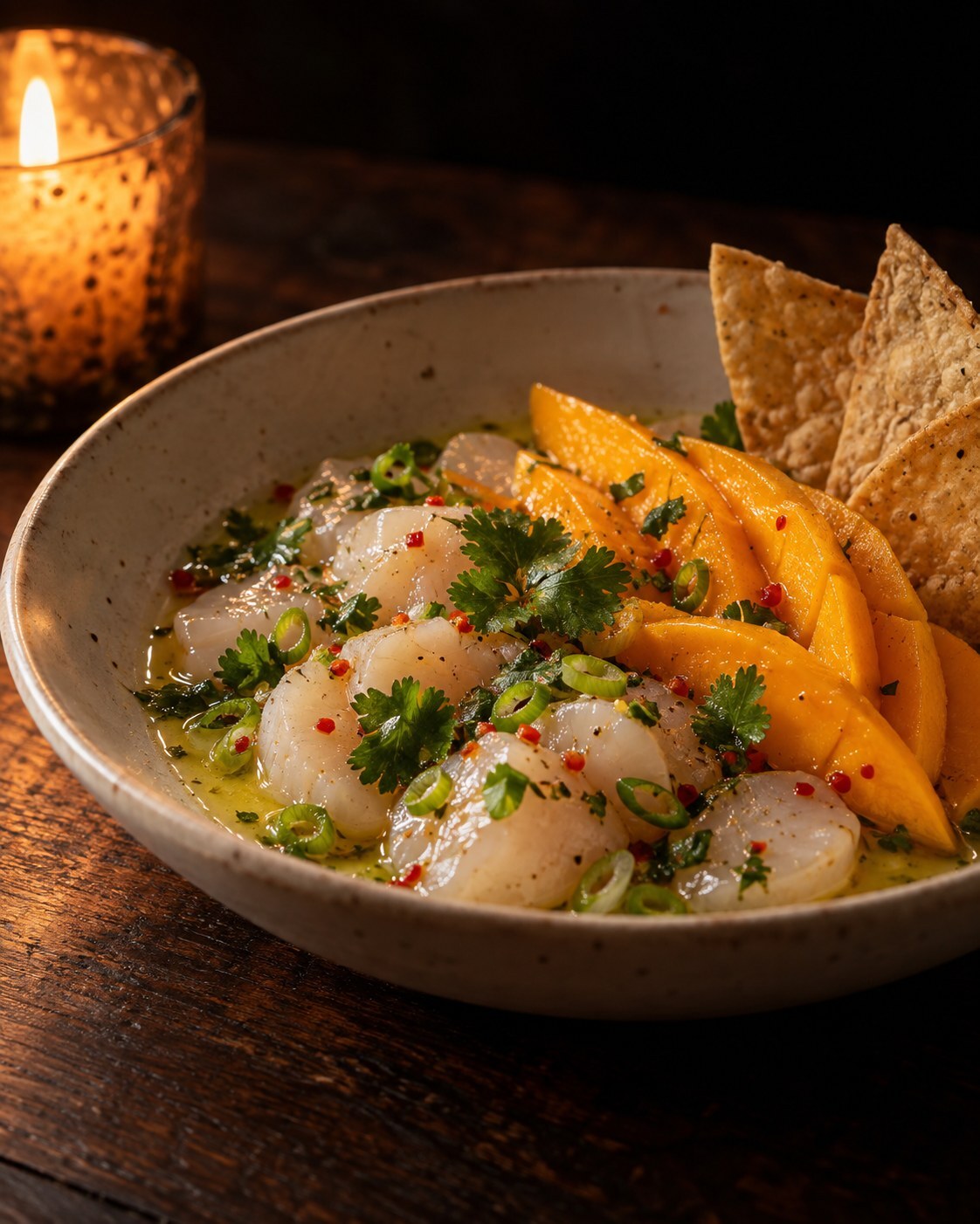 Scallop ceviche with slices of fresh mango, chili and cilantro in a white bowl with tortilla chips, by Miami private chef Marina Staver