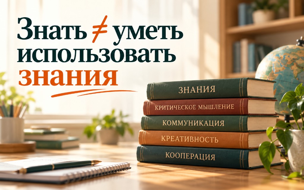 Стопка книг: знания как основание, на них критическое мышление, коммуникация, креативность и кооперация