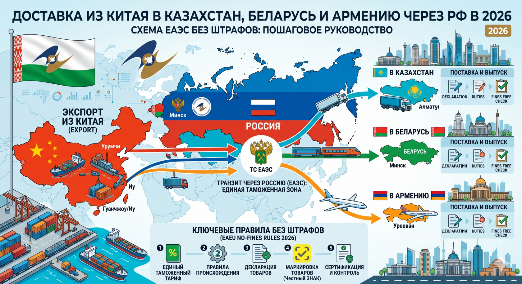 Доставка из Китая в Казахстан Беларусь и Армению через РФ в 2026