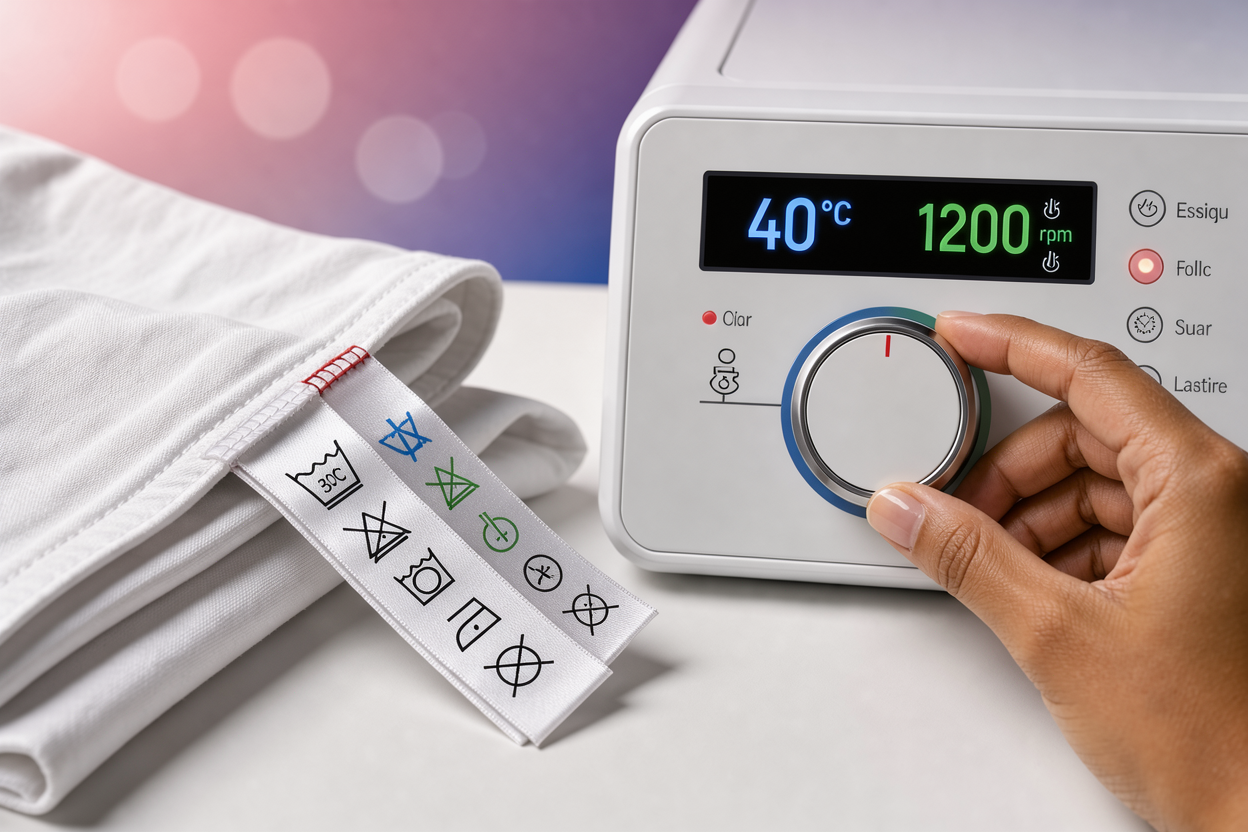 Close-up of garment care labels and a hand turning a washing machine dial on a digital control panel showing temperature and spin speed