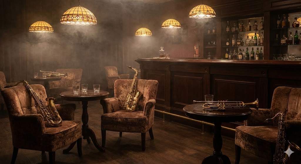 Атмосфера джазового клуба 1920-х годов с музыкальными инструментами