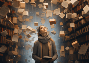 Женщина в библиотеке, окруженная парящими книгами, символизирующими поиск предназначения с помощью карты рождения Ба Цзы.